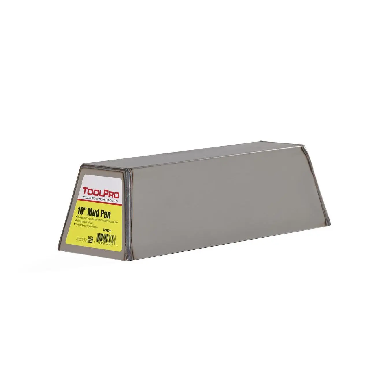 TOOLPRO 10 in. Stainless Steel Drywall Finishing Mud Pan - Ergonomic Hand Tool with Durable Sheared Edges, Ease of Cleaning for Drywall Work