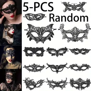 5PCS Sexy Black Fabric Lace Eye Masks Set Random Lace Mask | Half-Face Mask Women Party Cosplay Masquerade Accessories Vintage Hollow Black Flower Eye Masks Proms, Music Festivals, And Holiday Wear Accessories