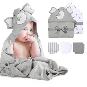 Cute Elephant Hooded Baby Towel- 8 Piece Bath Essential, 2 x Towels and 6 x Wash Cloth Set- Perfect Shower Gift for Boys or Girls - Soft and Comfort for Newborn, Infant and Toddler