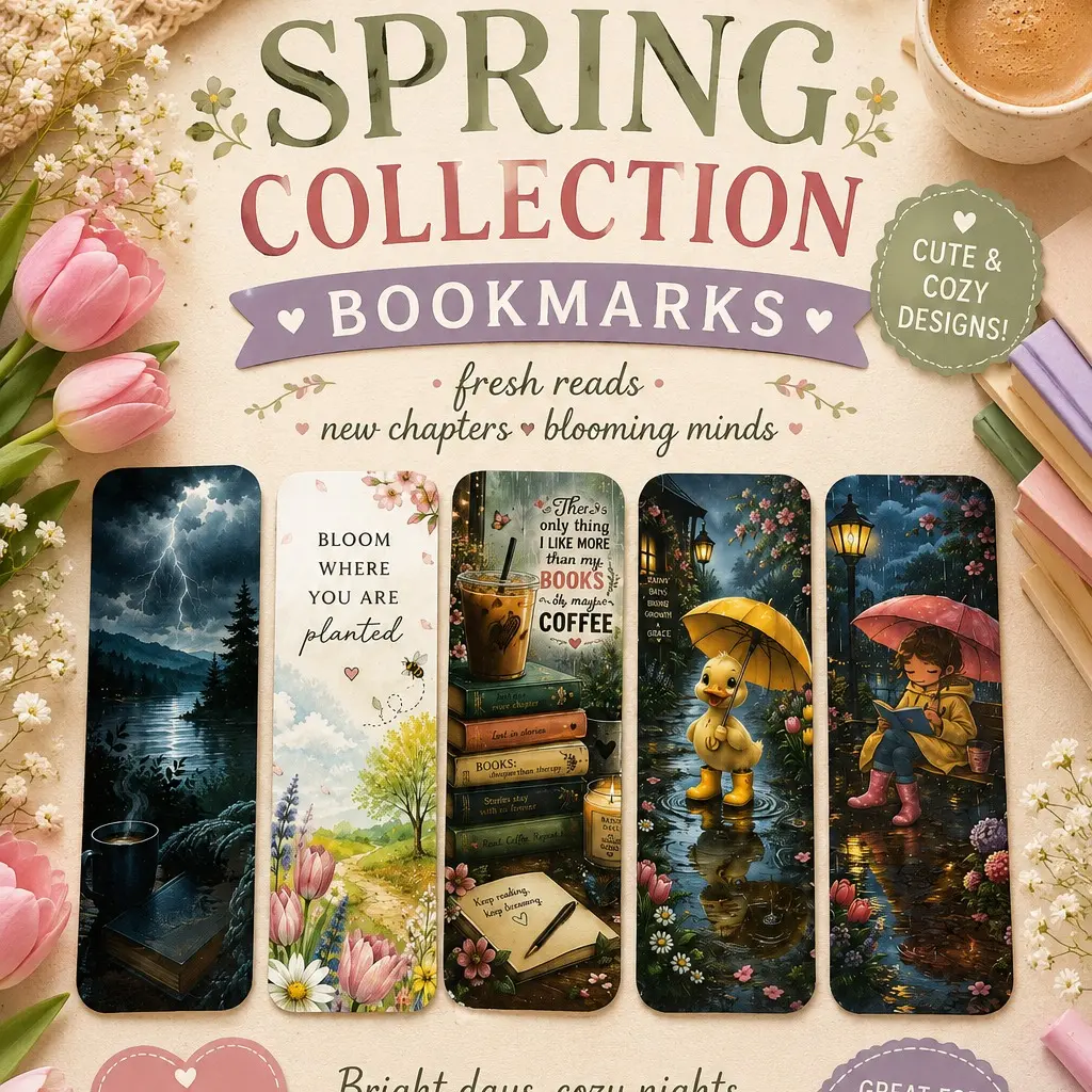 Spring Bookmark Collection | Floral, Cozy & Rainy Day Bookmarks | Cute Book Lover Gifts | Glossy or Holographic