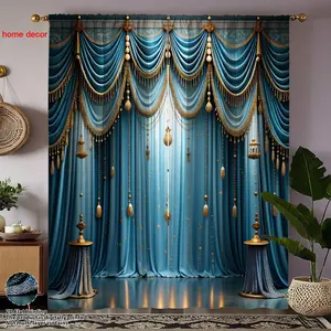 2pc Light Blue Gold Trim Tassel Decorative European Style Curtains, Elegant Layered Sheer Drapes for Privacy and Light Control, Luxurious Atmosphere for Living Room and Event Spaces, Window Curtain