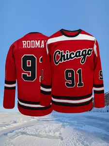 Mens Classic Hockey Jersey with Stripes - Chicago Embroidered Ice Hockey Jersey,Breathable Mesh and Durable Polyester Loose Fit Long Sleeve Ice Hockey Jersey, Athletic Top ( S-3XL)