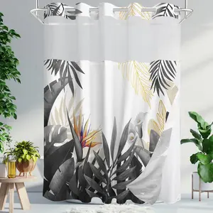 No Hook Shower with Snap in Liner, Tropical Leaf Shower Curtains and Liner Set for, Monstera Palm Leaves Floral Bath, Waterproof Washable, Grey 71" x 74"