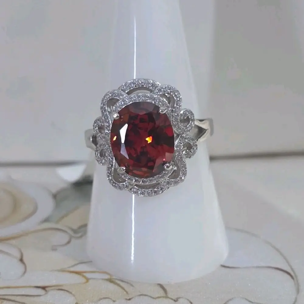 925 Italian Silver Rhodium Ring with Red Ruby-Color Zirconia & Sparkling Halo