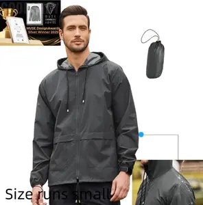 Men's Packable Jacket Outdoor Waterproof Hooded Lightweight Classic Cycling Raincoat for Hiking/Outdoor/Camping Fabric Menswear Zipper Breathable Relaxed Fit Long Sleeve Tops Athletic Outerwear Activewear Blazer