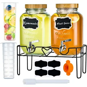 2 Pack1Gallon Drink Dispenser with Stand&Bamboo Lids&Fruit Infuser,304 Stainless Leak-Spigot,Beverage Dispenser for Parties,Sangria Juice Sun Tea Lemonade(Natural)