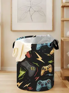 Gaming Console Print Laundry Basket with Handles, Durable Fabric Large Capacity Storage Bin for Toys and Clothes, Foldable Household Organizer Laundry Hamper