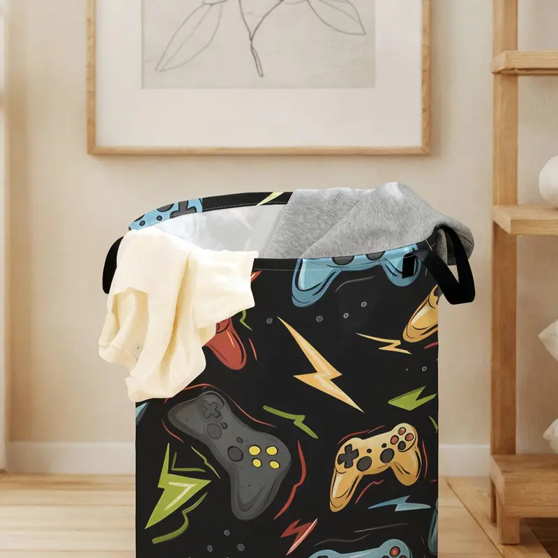 Christmas Game Console Print Laundry Basket with Handle, Durable Foldable Storage Bag, Large Capacity, Toy Organizer, Travel Essential, Foldable Laundry Hamper