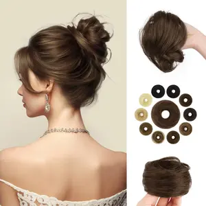 Human Hair Bun  Real Human Hair 16g  Bun  Tousled Stretchy  Donut Updo Elegant Chignon with Elastic Rubber Band  Bun Hair  for Women - Medium Brown