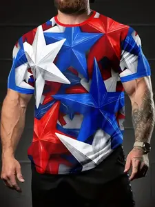 Men's Patriotic Starburst 3D Print T-Shirt, Eye-Catching Round Neck Short Sleeve, Summer Casual, Artistic Pattern Tee, Holiday Gift