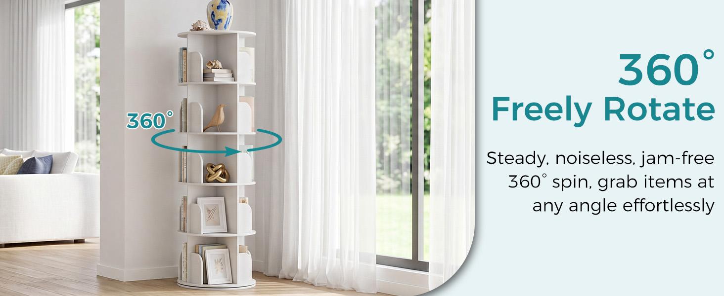 3-5 Tier Rotating Bookshelf Tower, Small Spinning Bookcase Lazy Susan | Freestanding 360° Display Revolving Book Shelf Storage Rack, Vertical Corner Organizer for Bedroom, Living Room, Modern White