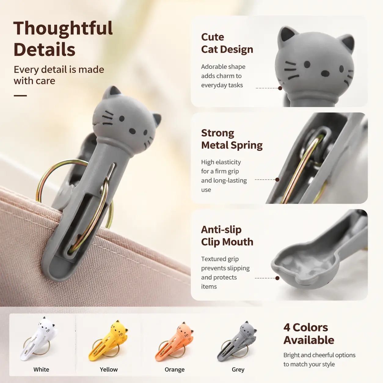 12 Pieces, Cat Shaped Plastic Clips with Non-slip Grip and Metal Spring, for Household Laundry Drying and Snack Bag Sealing