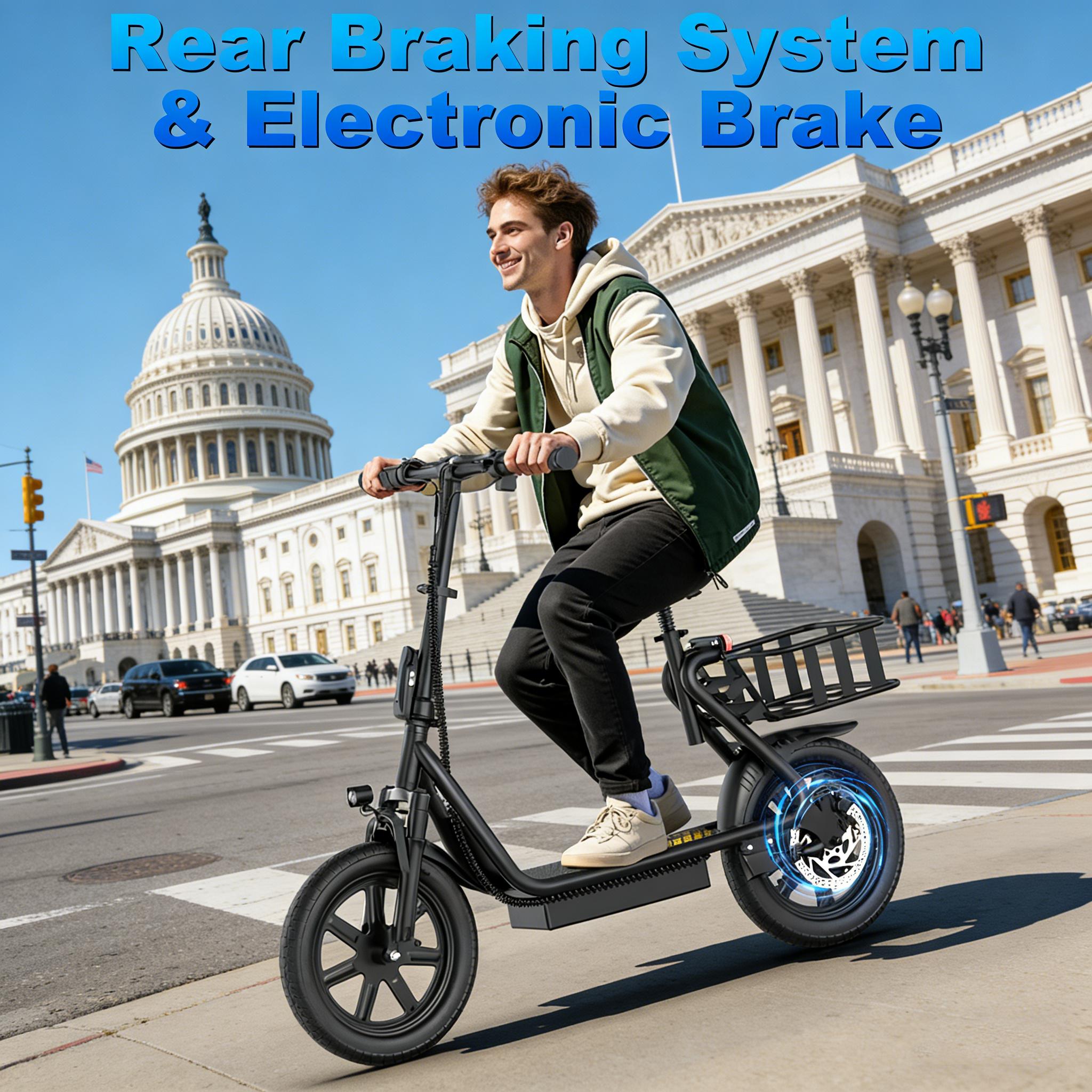 Electric Scooter for Adults with Seat,48V 10.4Ah Battery, Top Speed 22 mph, Driving Range 21-27 Miles, Pet-Friendly Design with Rear Basket