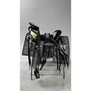 Charro Saddle – Black Leather with Silver Embroidery & San Judas Design (15.5”) “El Diamante de Fe”