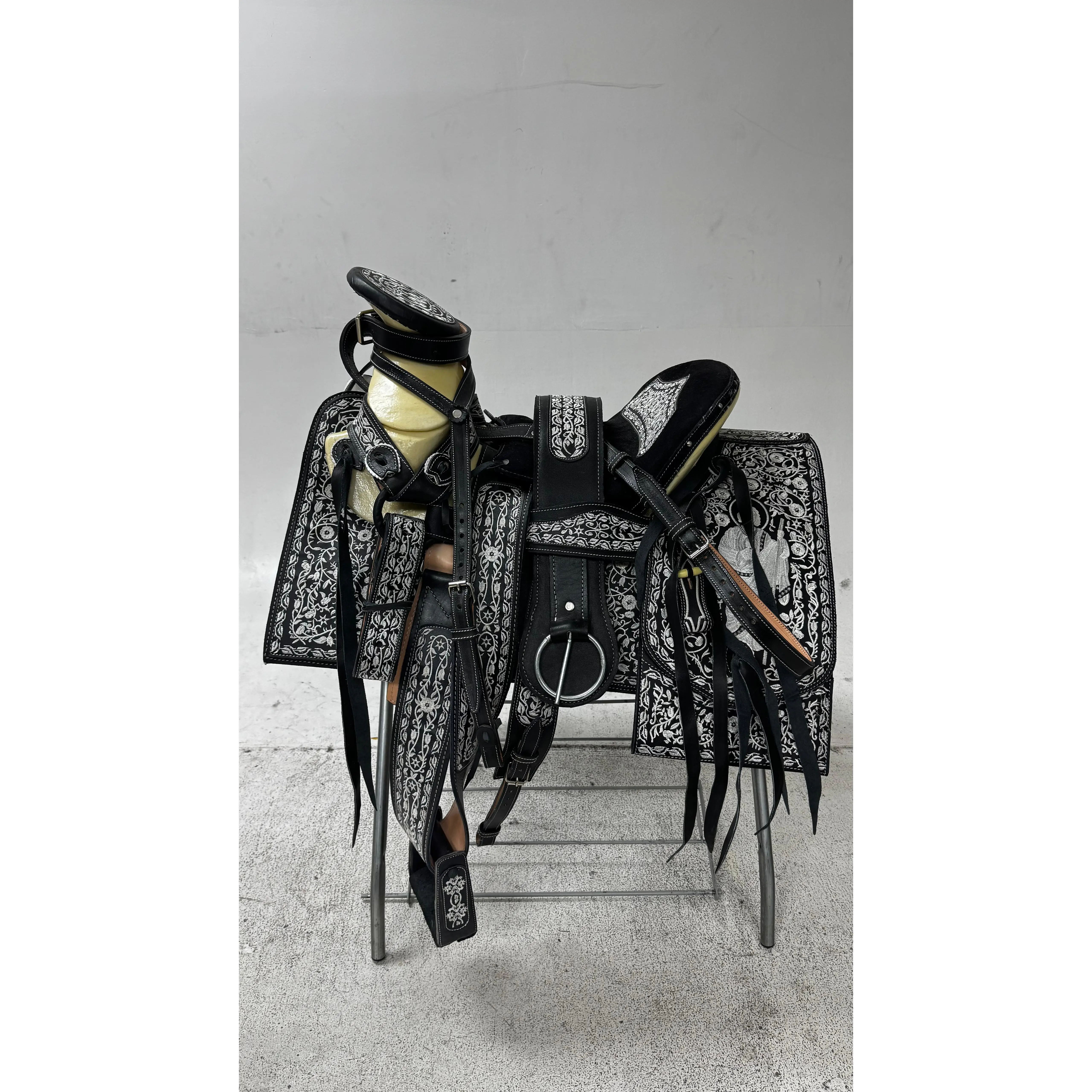 Charro Saddle – Black Leather with Silver Embroidery & San Judas Design (15.5”) “El Diamante de Fe”