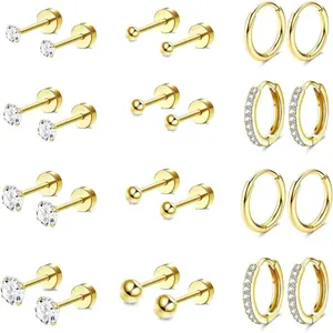 Hypoallergenic Surgical Steel Earrings for Sensitive Ears 14K Gold Flat Back Earrings for Women Men Small Stainless Steel Earrings Flatback Stud Hoop Cartilage Earring Set for Multiple Piercing