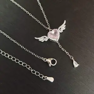 {Necklace} Women's Cupid Heart tassel collarbone necklace - pink zircon inlaid with fashionable wing design