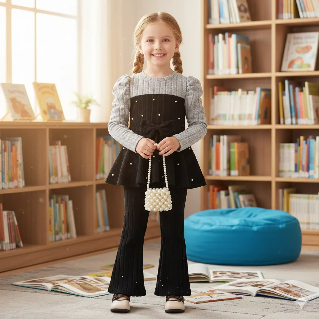 Girls' Crew Neck Long-Sleeved Polyester Set with Bow Design, Soft Breathable All-Seasons Girls Clothes, Animal Print Outfit for Casual Play & Special Events