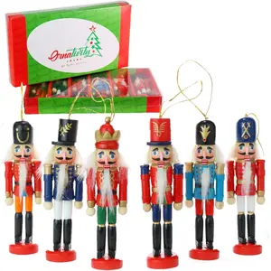 Nutcracker Ornament 6 pc - Hanging Christmas Mini Wooden Figures King and Soldier Nutcrackers with Gift Box
