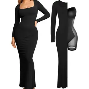 1 PC Women's Long Sleeve Maxi Dress  Shapewear Bra Square Neck Fall Formal Wedding Guest Cocktail Bodycon Dresses