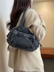 New Vintage-Inspired Casual Faux-Distressed Black Denim Tote Bag Multi-Pocket Commuter Square Bag Perfect for Daily Outings, Campus Life, and Study Versatile Shoulder Bag and Crossbody Bag Everyday Shoulder Bag