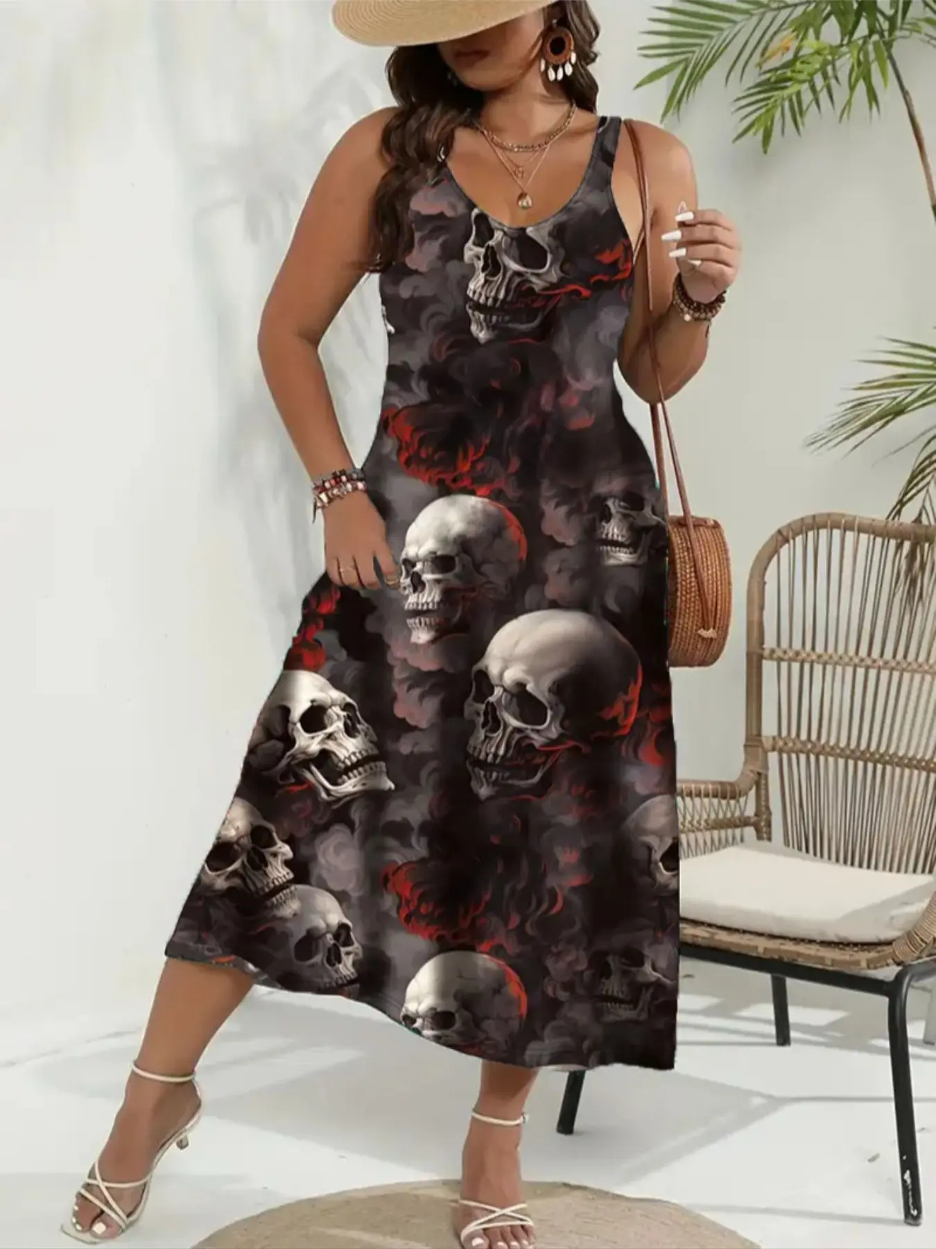 Gothic Style Skull Print Dress, Womenswear, Sleeveless V Neck Casual Fashion, Casual Wear, Loose Fit Summer Spring Clothing, Versatile Trendy Apparel, Boho Sleeveless Dress, Bohemian Casual Trendy