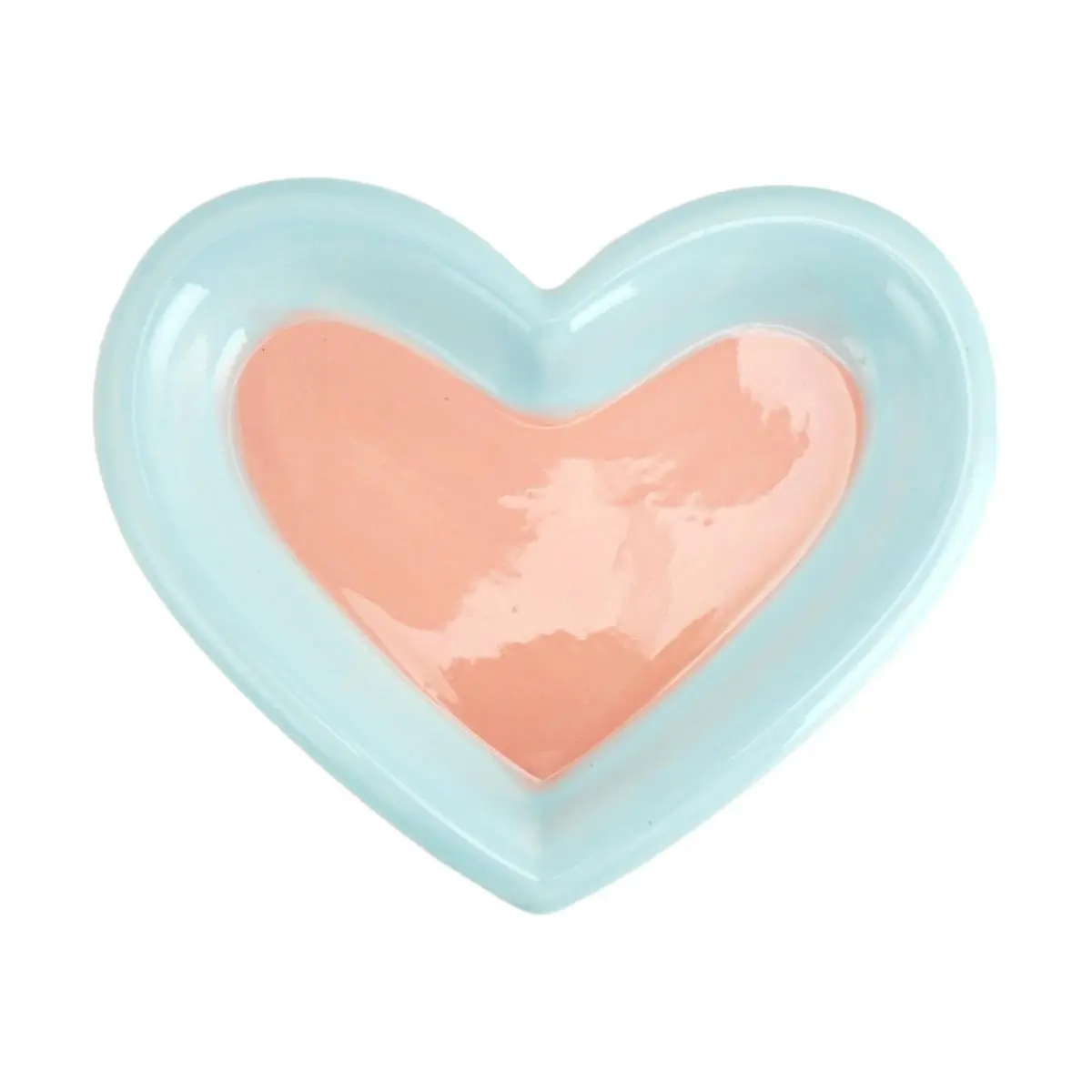 Golden Lion Large Heart-Shaped Ceramic Plate - Pink Base Blue Rim, Cute Dessert Dish for Girls, 19.8x16x2.8cm