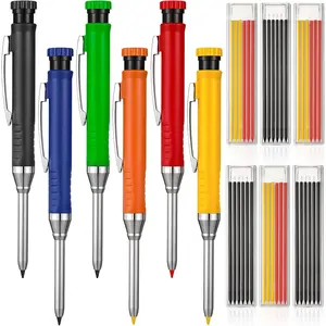 6 Pack Carpenter Pencil with Sharpener, Long Nosed Deep Hole Tip Mechanical Hole Marker with 36 count 2.8 mm Refills Woodworking Pencils Scribe Making Tools for Drafting Architect Construction