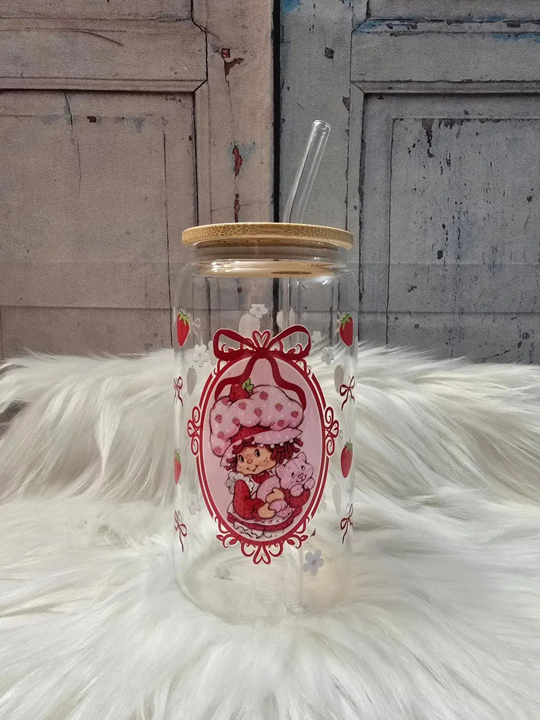 Strawberry Girl Cup | 16oz Beer Can Glass with Lid and Glass Straw | Glass Coffee Cup | Glass Tumbler Coffee Cup