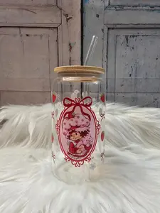 Strawberry Girl Cup | 16oz Beer Can Glass with Lid and Glass Straw | Glass Coffee Cup | Glass Tumbler Coffee Cup