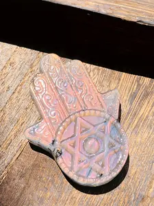 Natural Purple Flash Labradorite Hamsa Hand Carved Crystal Decoration, Unique Gift for Home Or Office, Crystal Carvings
