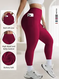 Women's Plus Size High Waist Elastic Tight Pants, Leggings, Activewear, Side Pockets, Functional Pockets, Non-Transparent Fitted Pants, High Stretch, All Seasons Casual Wear