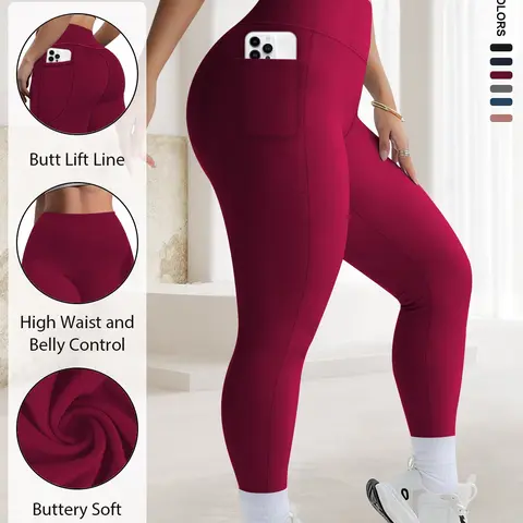Women's Plus Size High Waist Compression Elastic Tight Pants, Casual Yoga Pants, Fitness Bbl Leggings, High Waisted Legging, Side Pockets, Non-Transparent Fitted Pants, High Stretch, All Seasons Casual Wear, Tummy Control Leggings