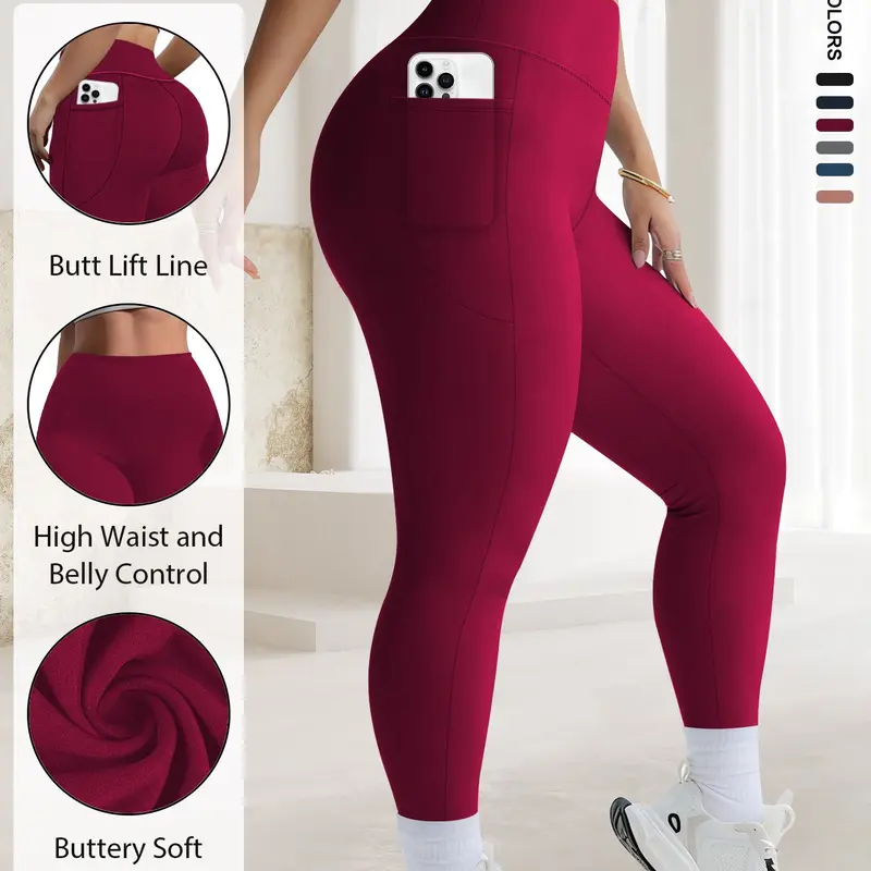 Women's Plus Size High Waist Compression Elastic Tight Pants, Casual Yoga Pants, Fitness Bbl Leggings, High Waisted Legging, Side Pockets, Non-Transparent Fitted Pants, High Stretch, All Seasons Casual Wear, Tummy Control Leggings