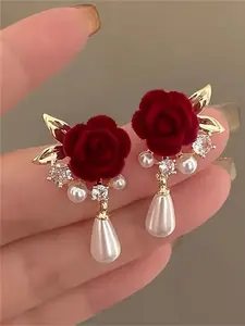 Vintage Rose and Faux Pearl Dangle Earrings, Elegant Gothic Style, Perfect for Parties and Weddings, Casual Wear Accessories