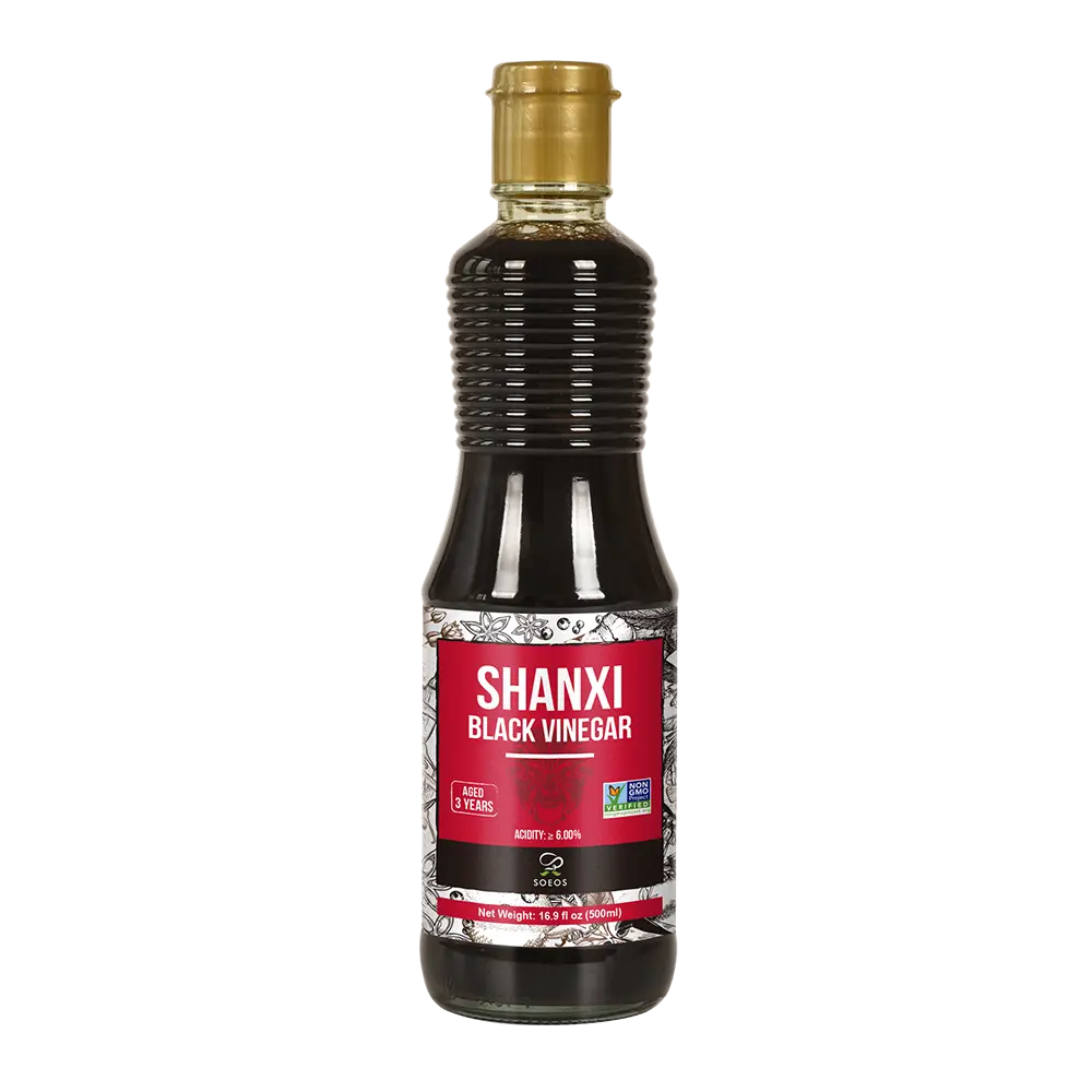 Soeos Shanxi Black Vinegar 16.9 fl. oz (500ml), Traditional Black Vinegar, Naturally Fermented, Mature Aged Black Vinegar, Black Shanxi Vinegar, Dark Chinese Vinegar, Traditional Shanxi Vinegar. Flavor