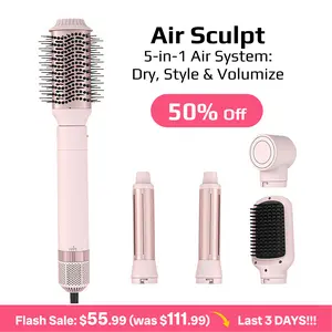 5‑in‑1 Hot Air Styler Set with Auto‑Wrap Curling Barrels – Blow Dryer Brush Kit for Volume, Smooth Straight, Soft Curls & Frizz Control, Pink