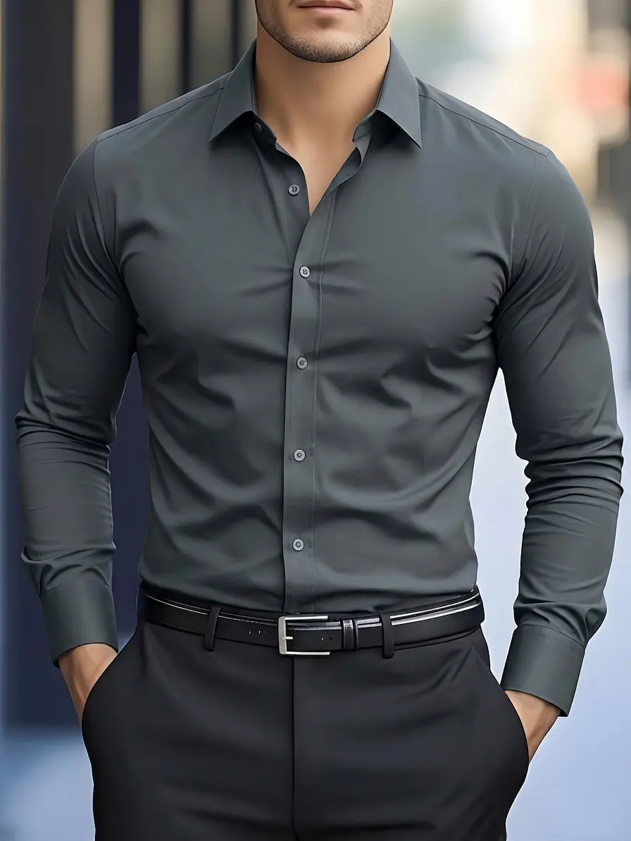 Gentleman Men’s Slim Fit Non-Iron Solid Color Classic Formal Long Sleeve Button-Down Shirt — Business Travel, Commute, Business Casual Style backtoschool