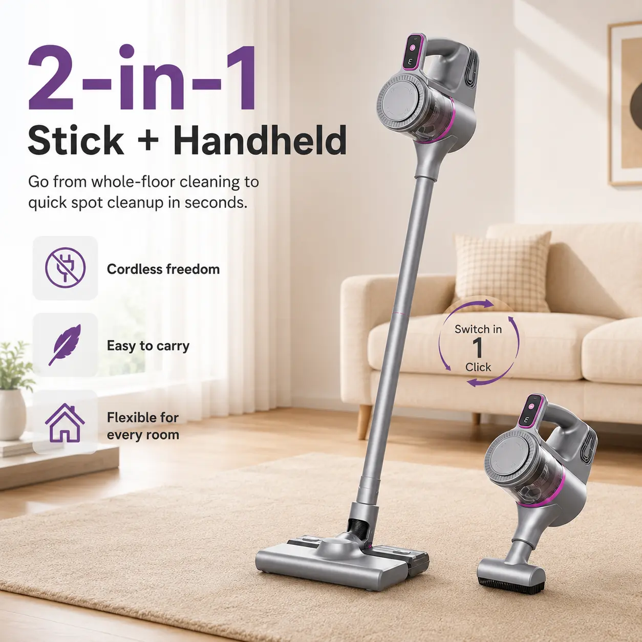 15000Pa Suck Stick Shape Fully Cordless Upright Vacuum & Mop - 4-in-1 Handheld-Push Rod for Home Pet Hair, Pink Intelligent Model with Free Cleaning Gifts, Replacement Part Included, Cordless Vacuum, Vacuum Cordless