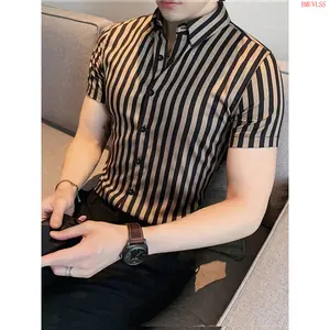 Bmuvlss Men'S Summer Striped Business Shirt, Short Sleeve Button, Regular Fit, 95% Polyester 5% Elastane, Woven Fabric, Slight Stretch, Work Style, Lapel Collar, 119gsm - Casual Workwear
