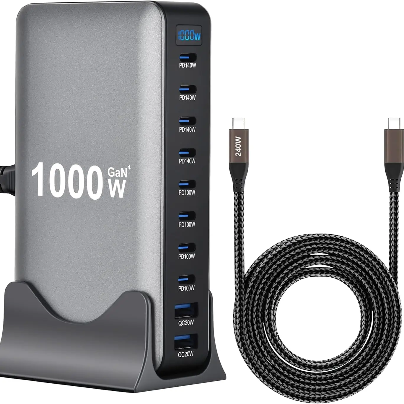 1000W 10-in-1 Multi-Device Charging Station with PD+QC Ports - 8 PD, 2 QC Ports for Phones/Tablets, Headphones, Gaming Consoles