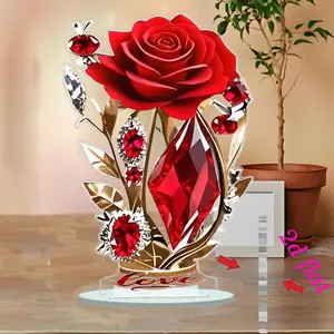 Luxury 2D Flat Artificial Rose Ornament with Transparent Cube Base Elegant Desktop Display for Shelf Table Decoration No Laser No Electronic Parts heady Red Flowers