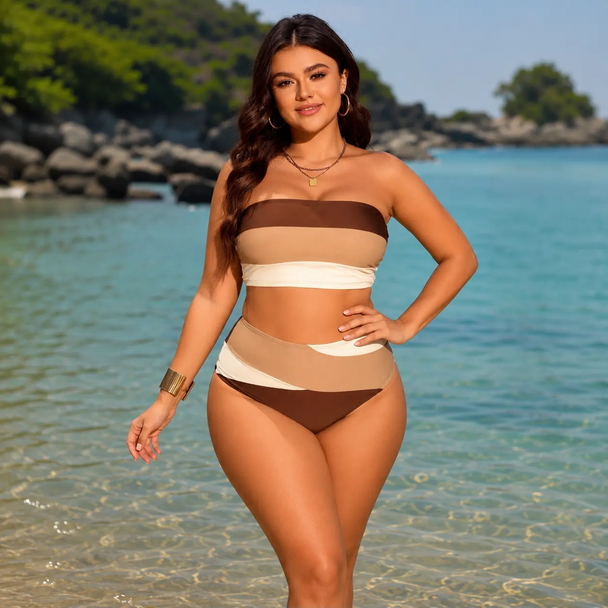 Women's Plus Size Luxury Mocha Blocks Bandeau Bikini Set, Nylon High-Waisted Tummy Control Strapless Swimwear, Flattering Fit Beach Vacation Essential, Beach Swim