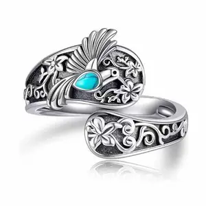 Turquoise Hummingbird Vintage spoon Ring for Women, Adjustable Sterling Silver Open Wrap Spoon Ring, animal series Victorian Bohemian Antique Flower Statement Jewelry Gift