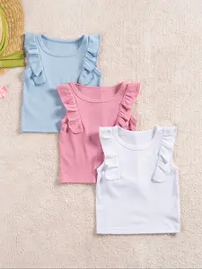 Toddler Girl's Solid Ruffle Trim Tee, Cute Casual Short Sleeve T-shirt for Summer, Kids Clothes for Daily Wear, Round Neck Top, Girly Tops