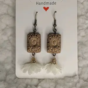 Handmade Beautiful Gold Beaded Earrings with White Dangling Flowers - Handcrafted Jewelry