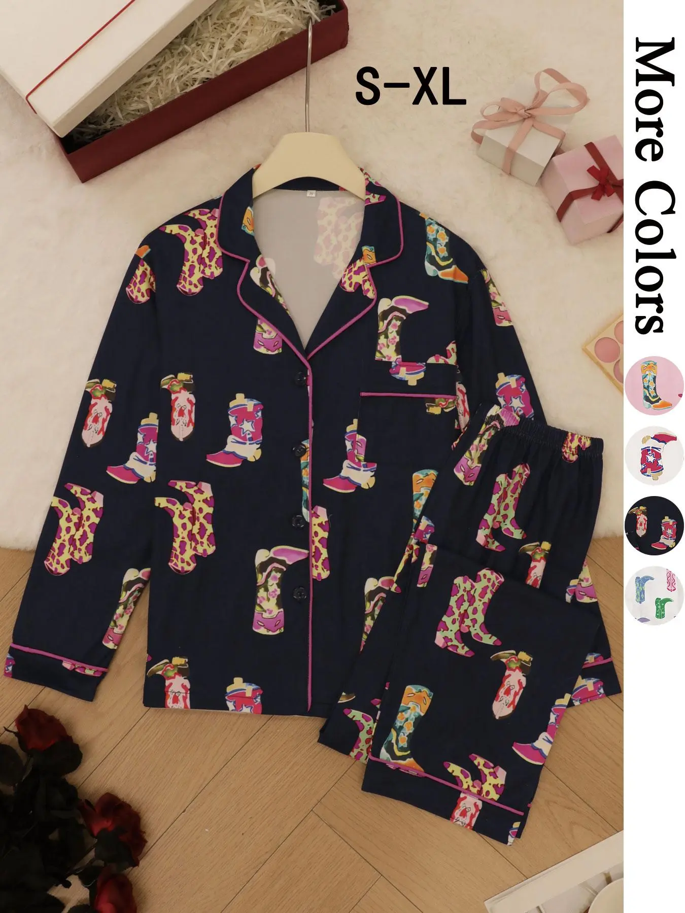 2 pieces of women's Western cowboy boots style digital printed Fitted pajamas, Loungewear Pjs Set, Nightwear, long sleeved pants, Breathable, Lightweight, pockets, collars, button up front cardigan, casual set