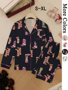 2 pieces of women's Western cowboy boots style digital printed Fitted pajamas, long sleeved pants suitable for all seasons, pockets, collars, home clothes, Homewear, Nightwear, Loungewear, button up front cardigan, casual set Aesthetic
