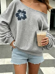 Trendy Chic Women's Loose, Off-Shoulder Sweatshirt with Floral Accents — Casual Coastal Street Style Streetwear, Comfortable Womenswear Top for Everyday Wear & Going Out