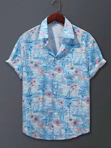 Men's Regular Fit Tropical Floral & Sailboat Print Short Sleeve Shirt, Casual Comfy Top for Summer, Men's Clothes for Beach Vacation, Menswear